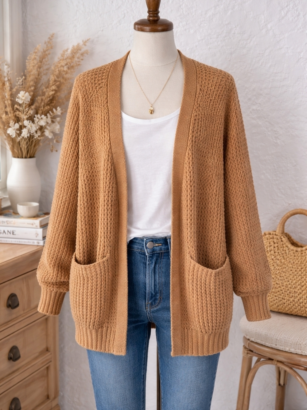 American Eagle Outfitters Camel Open-Front Knit Cardigan